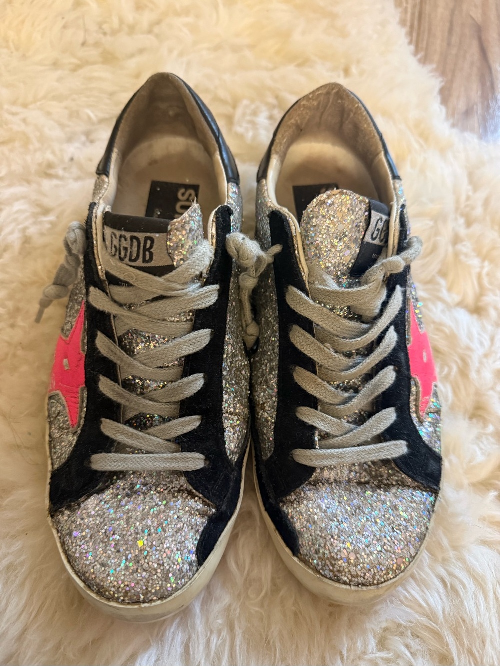 Golden Goose Women’s Silver Glitter Sneakers with Pink Star